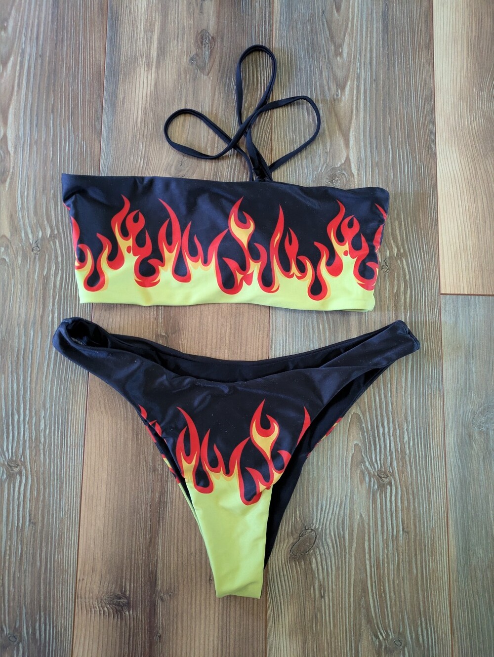 Shein Fire Flames 2 Piece Tube Top Tie Back & Cheeky Bottom Bikini Swim Set